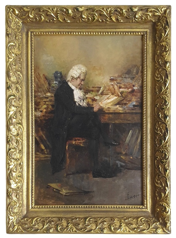 Temistocle Lamesi - Il libraio antiquario - 1910 ca. (olio su tavola in acero) Temistocle Lamesi - Il libraio antiquario - 1910 ca. (olio su tavola in acero)