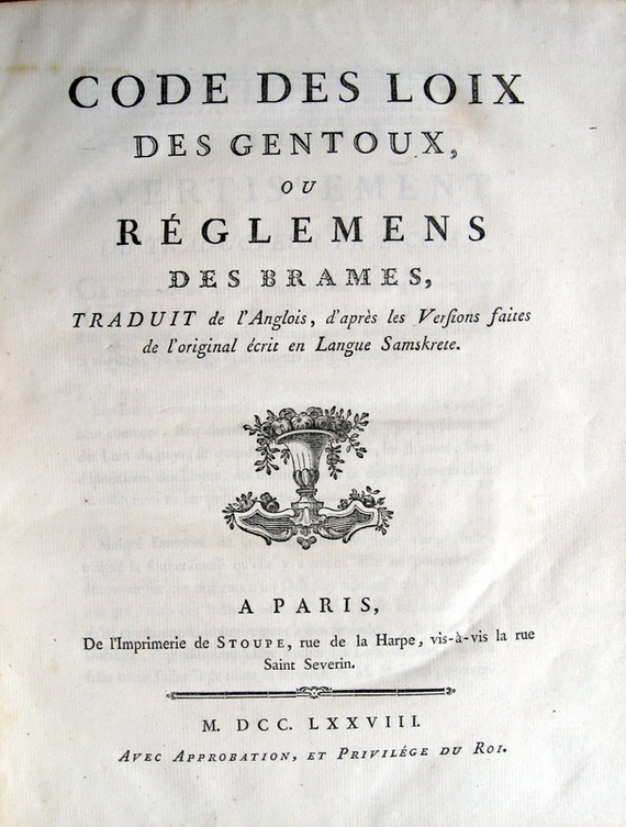 Diritto indiano: Code des loix des gentoux - 1778