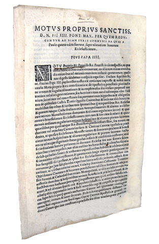 Moto proprio di Pio IV che disciplina le alienazioni dei beni ecclesiastici - Roma, Blado 1560