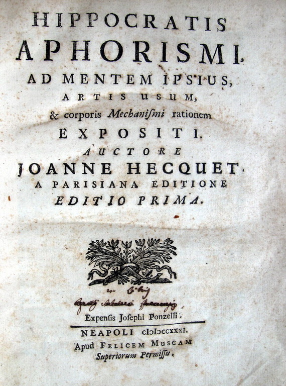 Hippocrates - Aphorismi, ad mentem ipsius, et corporis mechanismi rationem expositi - 1731