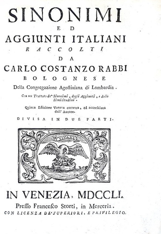 Carlo Costanzo Rabbi - Sinonimi ed aggiunti italiani - Venezia 1751 (bellissima legatura coeva)