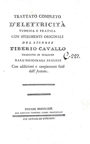 Cavallo - Trattato completo d'elettricit con sperimenti originali - 1779 (prima edizione italiana)