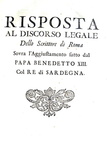 Relazione storica sulla vertenza tra Piemonte e Santa Sede - Torino 1731 (prima edizione)