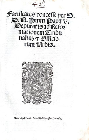 Moto proprio di Pio V sulla riforma dei tribunali fiscali - Roma, Blado 1568 ca.