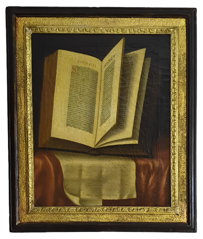 Natura morta con libro antico e manoscritto - metà del XVIII secolo (olio su tela)