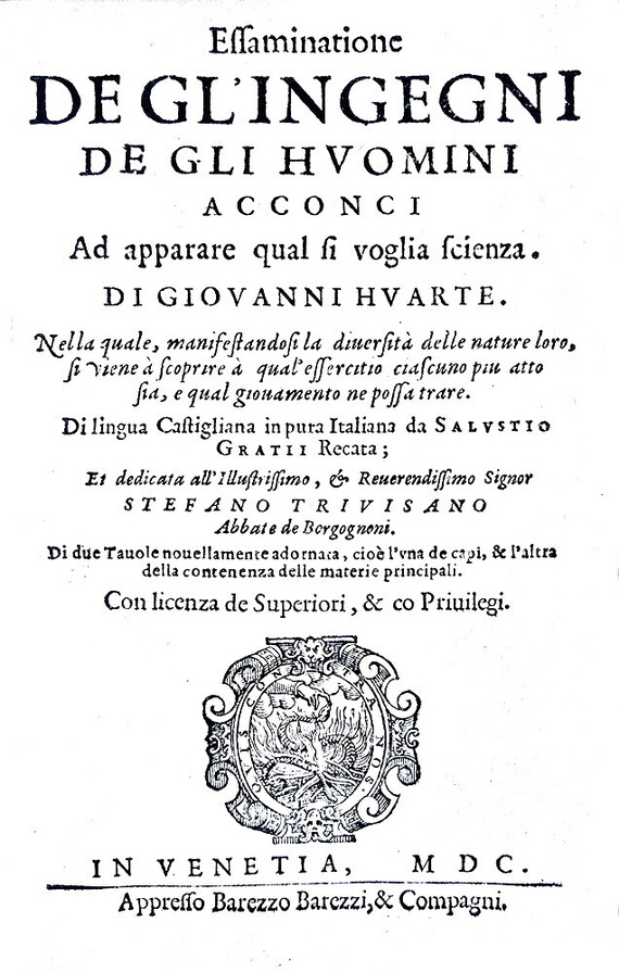 Pedagogia e psicologia nel Cinquecento: Juan Huarte - Essaminatione de l'ingegni de gli huomini 1600