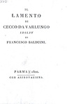 Una rara edizioncina bodoniana: Baldovini - Il lamento di Cecco da Varlungo - Parma, Bodoni 1800