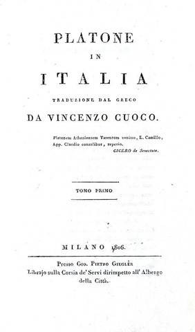 Vincenzo Cuoco - Platone in Italia - Milano 1806 (rara prima edizione con inserto manoscritto)