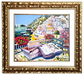 Athos Faccincani - La bellezza di Positano e il racconto dei libri antichi - 2022 (olio su tela)