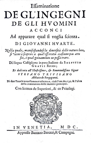 Pedagogia e psicologia nel Cinquecento: Juan Huarte - Essaminatione de l'ingegni de gli huomini 1600