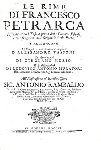 La prima edizione critica dell'opera di Francesco Petrarca: Le rime - Modena 1711 (prima edizione)