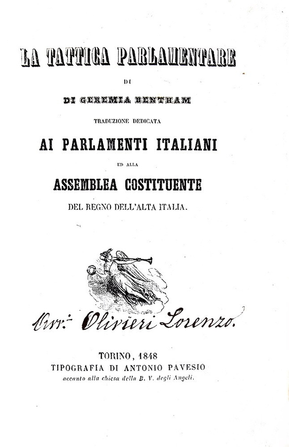 Jeremy Bentham - La tattica parlamentare. Traduzione dedicata ai parlamenti italiani - 1848 (raro)