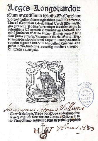 Rarissima edizione della Lombarda: Leges Longobardorum cum argutissimis glosis - Venezia, Sessa 1537