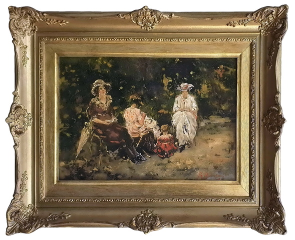 Raffaele Ragione - Dame in lettura al Parc Monceau - 1910 circa (olio su tela applicata a tavola)