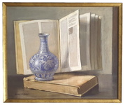 Angelo Maria Crepet - Natura morta con libri antichi e vaso - 1940/50 ca. (tecnica mista su cartone)