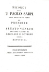 Paolo Sarpi - Ricordi intorno il modo di regolare il governo della Republica - 1767 (prima edizione)