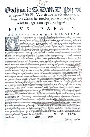 Ordinanza di Pio V contro assassini e facinorosi - Roma, Blado 1566