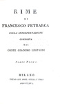 Le Rime di Petrarca con l'interpretazione di Giacomo Leopardi - Milano 1826 (rara prima edizione)