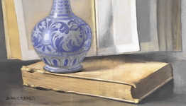 Angelo Maria Crepet - Natura morta con libri antichi e vaso - 1940/50 ca. (tecnica mista su cartone)