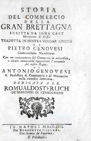 John Cary - A. Genovesi - Storia del commercio della Gran Brettagna - 1757 (prima edizione italiana)