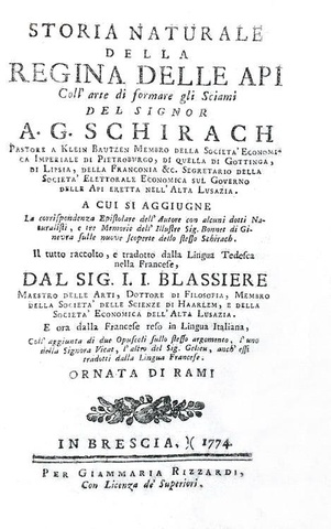 L'apicoltura nel '700: Schirach - Storia della regina delle api coll'arte di formare gli sciami 1774