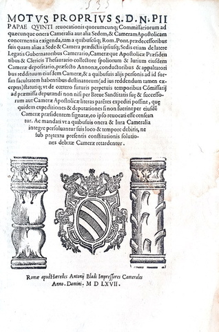 Moto proprio di Pio V sul funzionamento della Camera Apostolica - Roma, Blado 1567