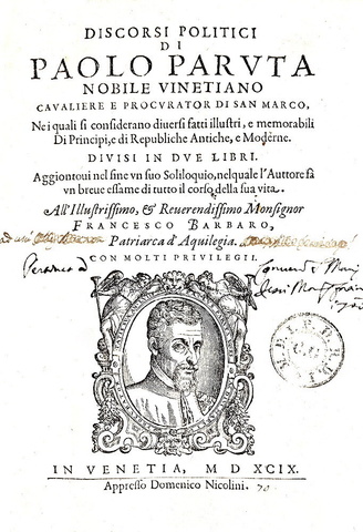Paolo Paruta - Discorsi politici e Soliloquio - Venezia 1599 (rara e ricercata prima edizione)