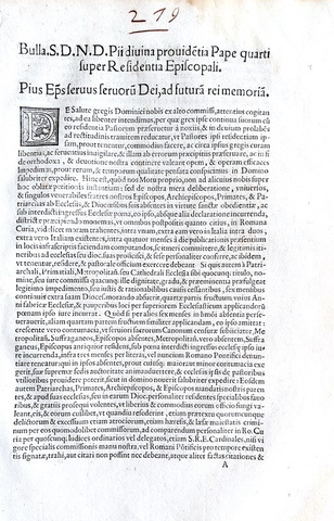 Bolla di Pio IV che disciplina le residenze episcopali - Roma, Blado 1562