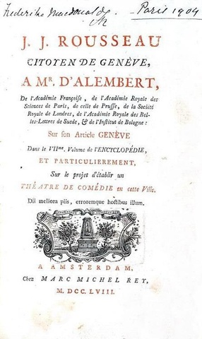 Rousseau - Lettre  dAlembert sur le projet dtablir un thatre a Genve - 1758 (prima edizione)