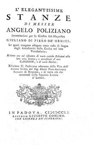 Angelo Poliziano - L'elegantissime stanze & La favola di Orfeo - Padova, Giuseppe Comino 1749/51