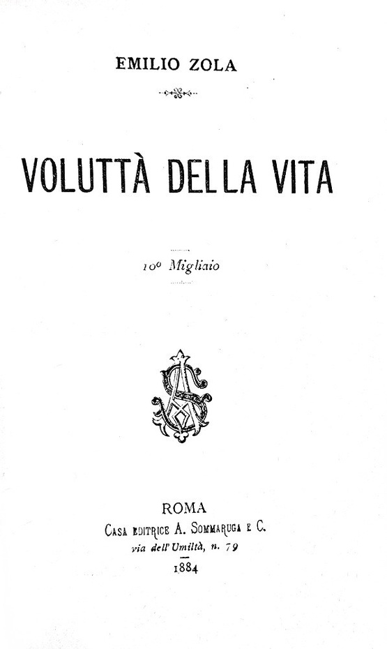 Emile Zola - Volutt della vita [La gioia di vivere] Roma, Sommaruga 1884 (prima edizione italiana)