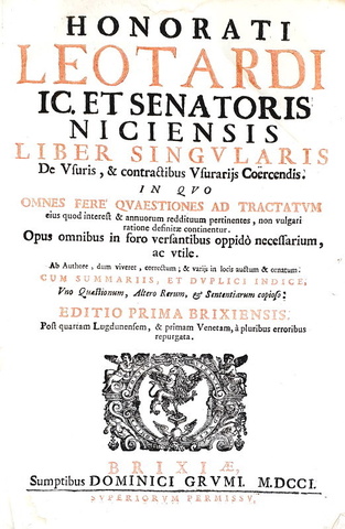 Usura e prestiti: Leotardus - Liber singularis de usuris et contractibus usurariis coercendis - 1701