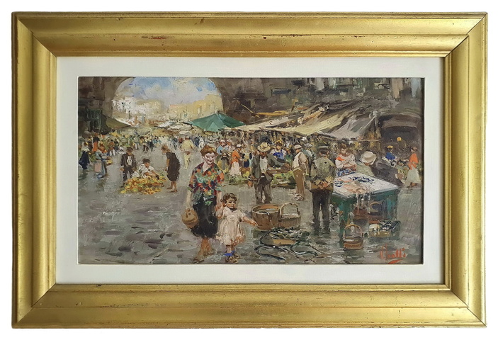 Vincenzo Irolli - Mercato a Napoli - inizi del XX secolo (olio su tavola lignea)