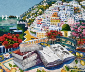 Athos Faccincani - La bellezza di Positano e il racconto dei libri antichi - 2022 (olio su tela)