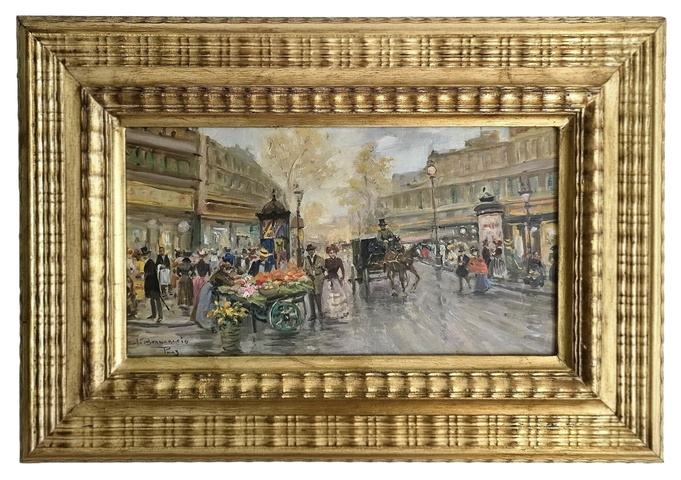 Carlo Brancaccio - Un boulevard parigino con le sue edicole - fine del XIX secolo (olio su tavola)