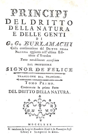 Diritto naturale nel Settecento: Burlamaqui - Principj del dritto della natura e delle genti - 1780