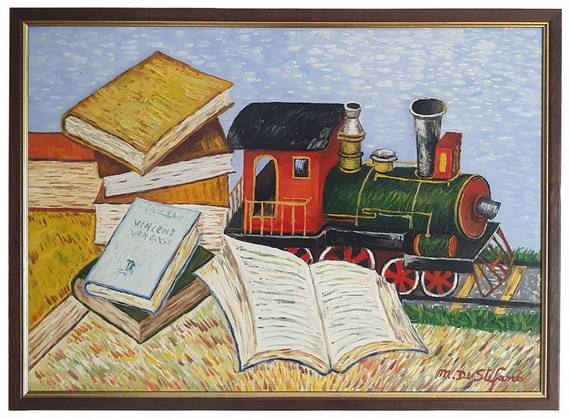 Michele De Stefano - Un treno di cultura - anni Duemila (olio su tavola, esposto alla BNU di Torino)