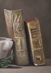 Antonio Sciacca - Natura morta con libri antichi e melograno - 2005 ca. (olio su tela)