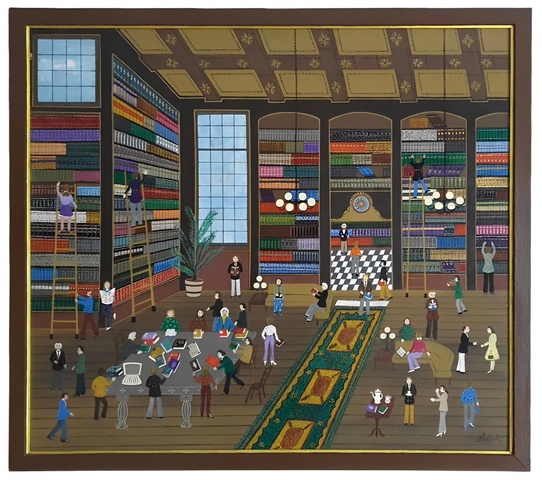 Heinz Sedlick - In der bibliothek - anni Novanta (acrilico su tavola)