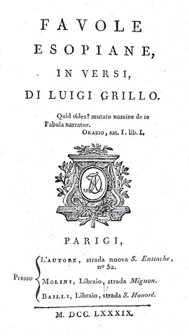 Esopo - Favole esopiane in versi di Luigi Grillo - Parigi, Didot Maggiore 1789 (rara prima edizione) Esopo - Favole esopiane in versi di Luigi Grillo - Parigi, Didot Maggiore 1789 (rara prima edizione)