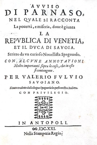 Castellani - Avviso di Parnaso contro Venezia, Savoia e Spagna - Antibes 1621 (tre prime edizioni)