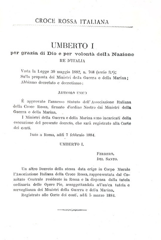 Statuto della Croce Rossa Italiana approvato con R. decreto 7 febbraio 1884 - Roma 1889 (raro)