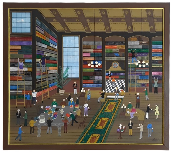 Heinz Sedlick - In der bibliothek - anni Novanta (acrilico su tavola)