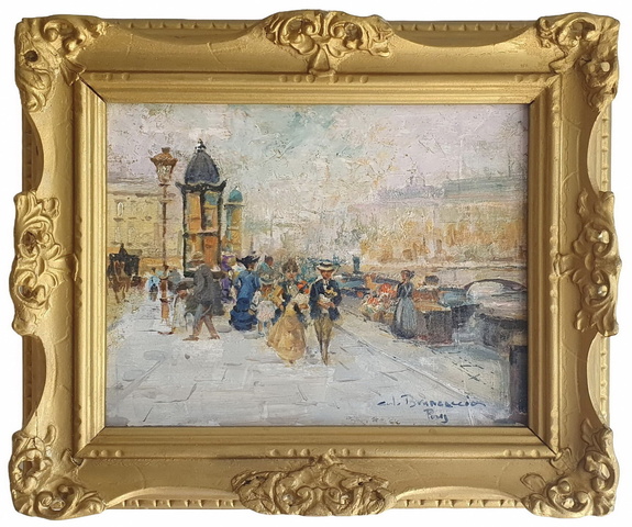 Carlo Brancaccio - Il lungo Senna a Parigi e le sue edicole - ca. 1895/1905 (olio su tavola lignea)