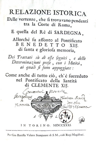 Relazione storica sulla vertenza tra Piemonte e Santa Sede - Torino 1731 (prima edizione)