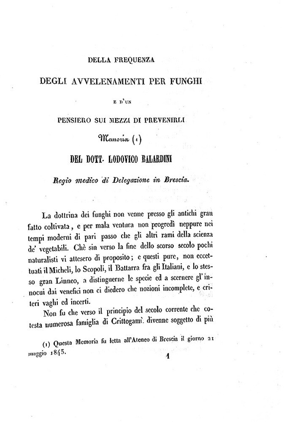 Lodovico Balardini - Della frequenza degli avvelenamenti per funghi 1843 (prima edizione, autografo)