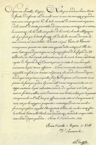 Vittorio Emanuele I - Lettera a Ferdinando I Re delle Due Sicilie - Torino 15 Novembre 1814