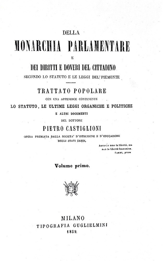 Pietro Castiglioni - Della monarchia parlamentare e dei diritti e doveri del cittadino - Milano 1859