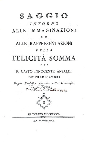 Ansaldi - Saggio intorno alle immaginazioni e alla felicit somma - Torino 1775 (prima edizione)