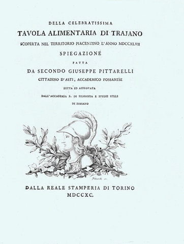 Pittarelli - Della tavola alimentaria di Traiano - 1790 (rarissima prima edizione su carta azzurra)